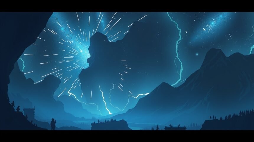 CGI ábrázolás egy csillagos égbolttal és hegyekkel