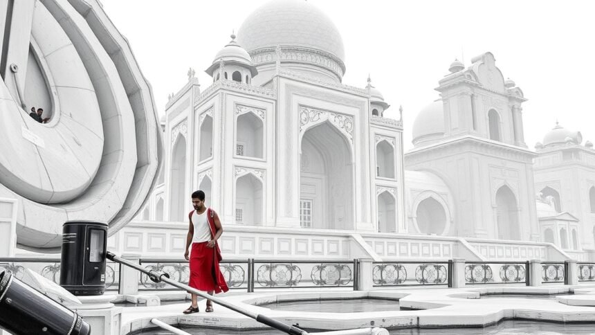 Egy férfi a csodálatos építkezés előtt sétál.