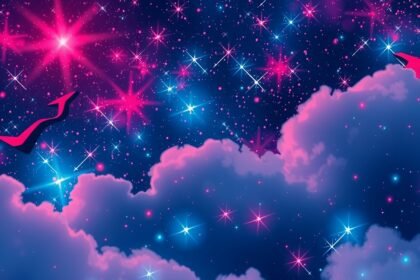 Csillagos égbolt és felhők látványa, színes csillagokkal.