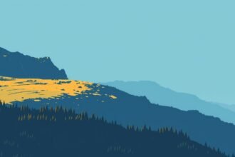 Modern táj ábrázolás, hegyek és fák stílusos színkombinációval.