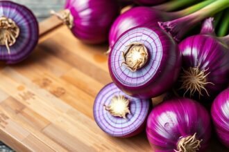 Friss lilahagymák egy vágódeszkán