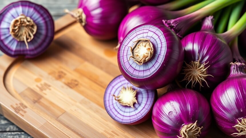 Friss lilahagymák egy vágódeszkán