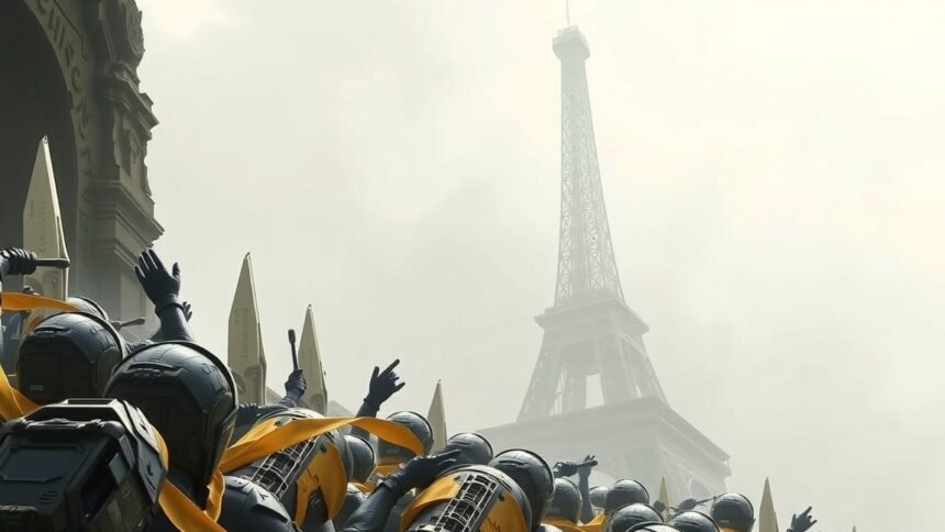 Futuristic scene with robotic figures in front of the Eiffel Tower.
