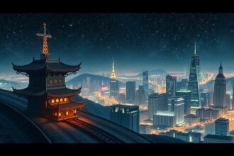 Városi látkép éjjel, tradicionális épülettel a hegyen.