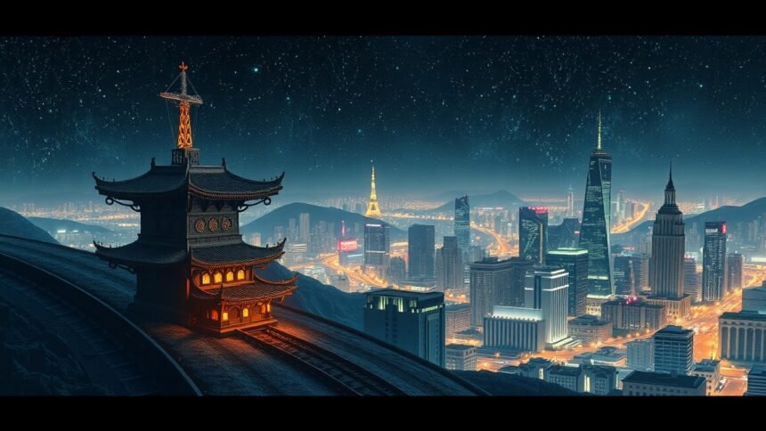 Városi látkép éjjel, tradicionális épülettel a hegyen.