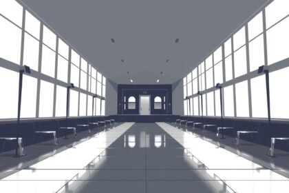 Modern üres belső tér világos ablakokkal és padokkal.