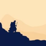 Hegyi tájban álló figura, aki jelentős utazásra készül.