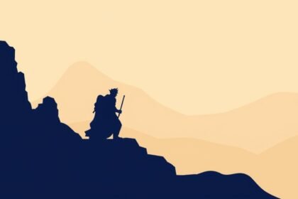 Hegyi tájban álló figura, aki jelentős utazásra készül.