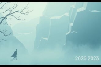 Egy magányos figura a ködben, közel a hegyekhez 2026-2023 között.