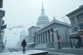 Havas városi táj, ember sétál az üres utcán.