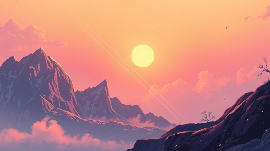 Zöld ametiszt és hegyek látványa naplementében.