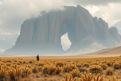 Férfi a hatalmas hegy mellett a sivatagban, felfedezés közben