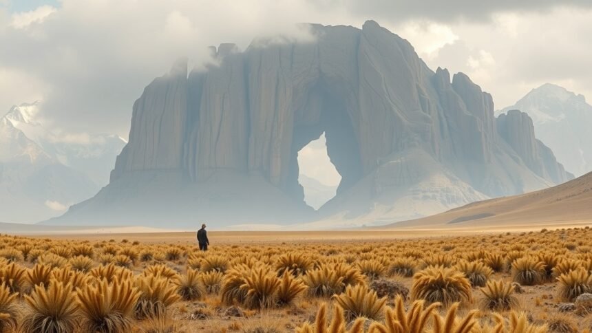 Férfi a hatalmas hegy mellett a sivatagban, felfedezés közben