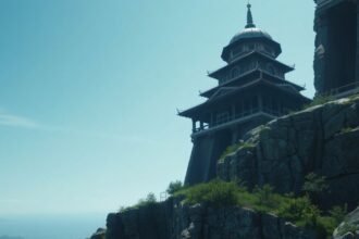 Mesés épület a hegyek között, természetes környezetben.