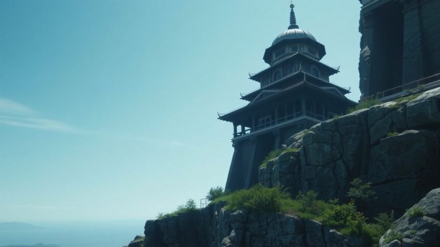 Mesés épület a hegyek között, természetes környezetben.