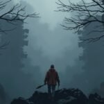 Férfi felfedező áll egy ködös tájban, fák között.