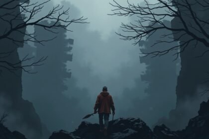 Férfi felfedező áll egy ködös tájban, fák között.