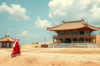 Kínai stílusú épület a sivatagban, mellette egy férfi.