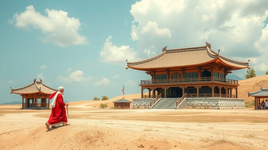 Kínai stílusú épület a sivatagban, mellette egy férfi.