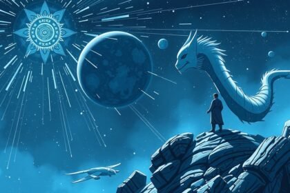 Kép egy sci-fi tájról, mágiával és űrhajóval.