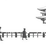 Két ember sétál egy híres épület előtt egy grafikus háttérrel.