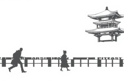 Két ember sétál egy híres épület előtt egy grafikus háttérrel.