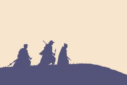 Három figura sétál a dombon, háttérben világos ég.