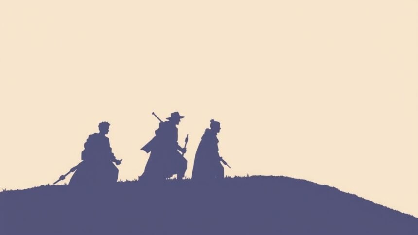 Három figura sétál a dombon, háttérben világos ég.