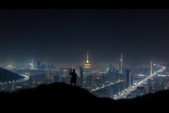 Éjszakai városi táj, a háttérben fényszórókkal megvilágított felhőkarcolók