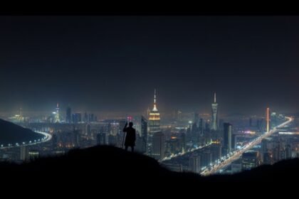 Éjszakai városi táj, a háttérben fényszórókkal megvilágított felhőkarcolók