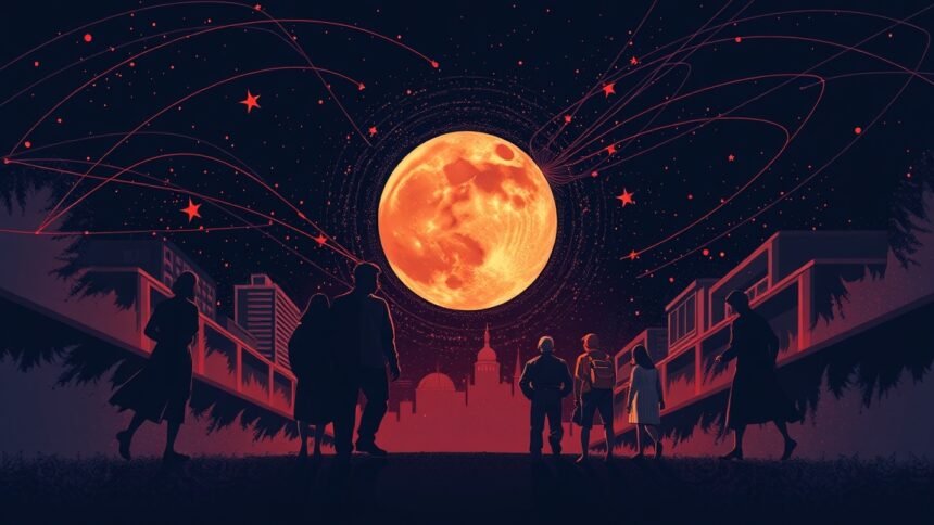 Emberek a telihold alatt csillagok között, energetikai feltöltődés