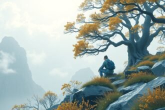 Egy férfi a természetben ül, csuklószorító használatához útmutató az egészség javításához.