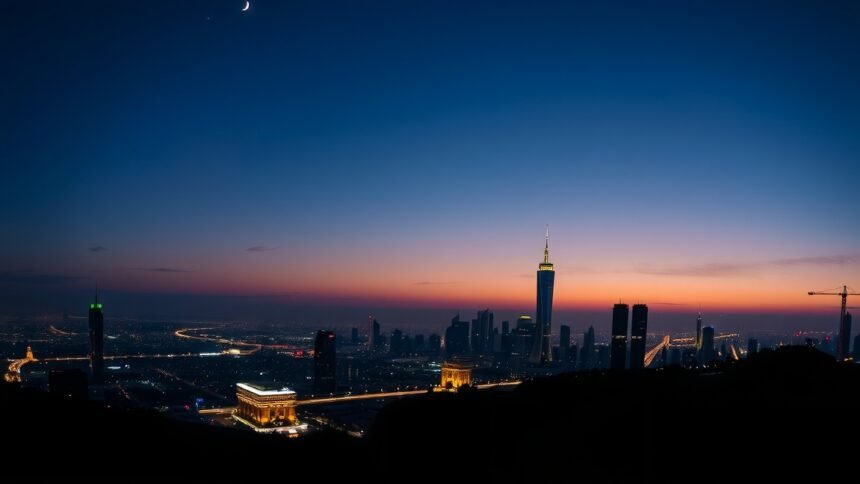 Városi táj egy gyönyörű naplementében a torziós tengely elméletével összekapcsolva.