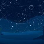 Csillagos égbolt és házak illusztrációja