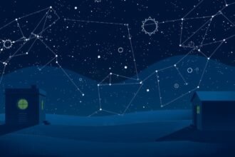 Csillagos égbolt és házak illusztrációja