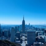 New York város panorámája nappali fényben, Empire State Building kiemelkedik.