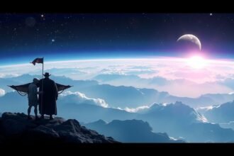 Két személy a hegycsúcson, a világűrben a Hold és a napfelkelte látványával.