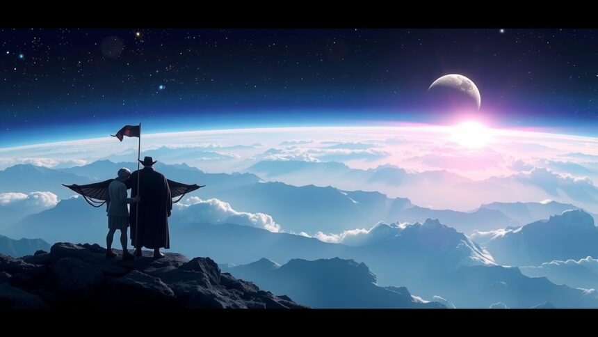 Két személy a hegycsúcson, a világűrben a Hold és a napfelkelte látványával.