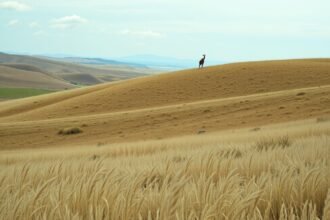 Hegyes vidéki táj, az őz a dombon áll