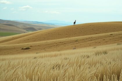 Hegyes vidéki táj, az őz a dombon áll