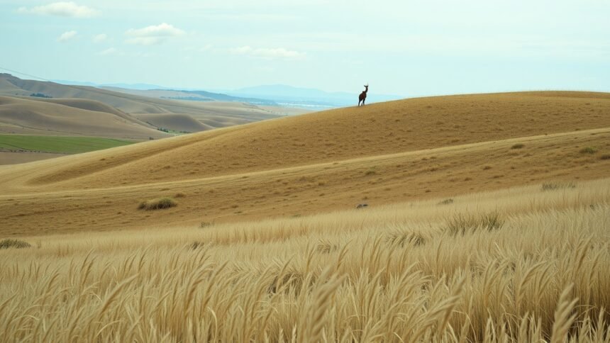 Hegyes vidéki táj, az őz a dombon áll