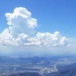 Légi táj egy hegyvidéki területen, felhők az égen.