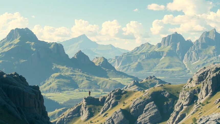 Hegyi táj, a természeti szépség közepette álló ember