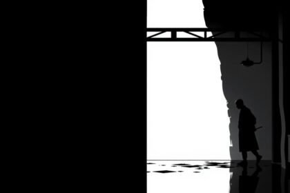 Sötét sziluett egy férfiról egy fehér háttér előtt