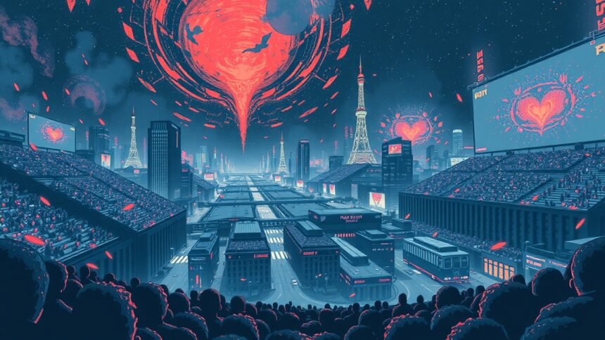 Digitális város szívvel a középpontban, futurisztikus épületek környezetében.