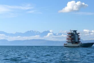 Hajó a vízen háttérben hegyekkel és kék éggel.