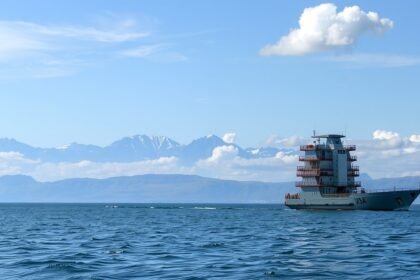 Hajó a vízen háttérben hegyekkel és kék éggel.