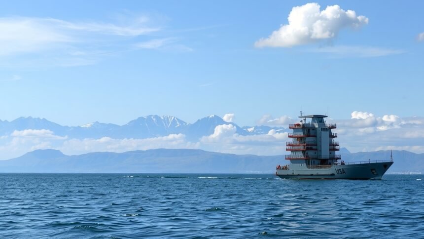 Hajó a vízen háttérben hegyekkel és kék éggel.