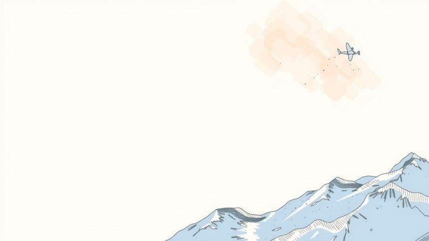 Szép hegyvidéki táj, repülőgép a kék égen.