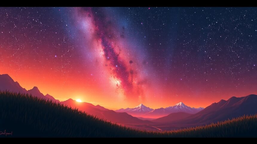 Festői táj naplementével és csillagos éggel.